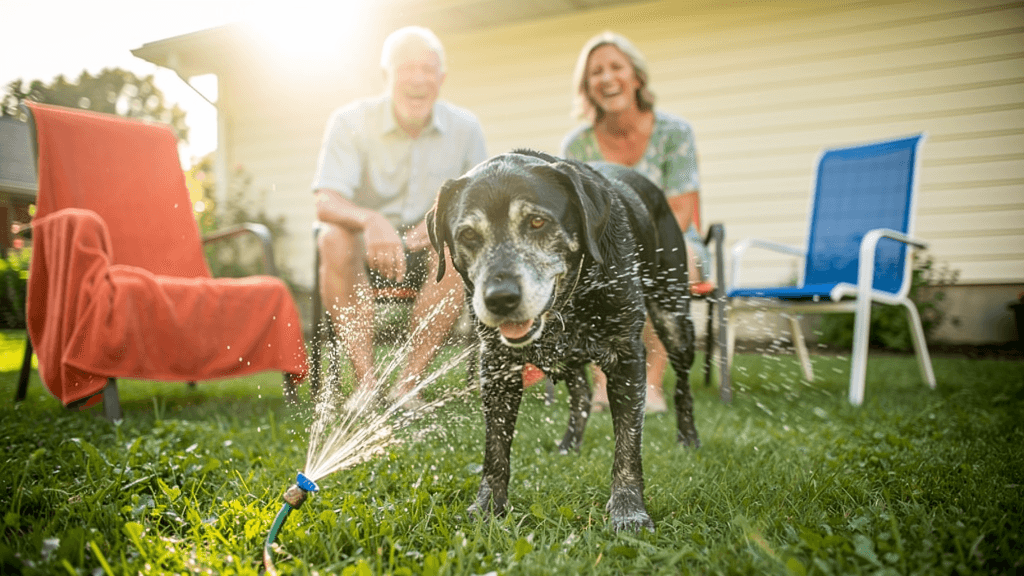 Editorial illustration of an older black Labrador near a garden sprinkler while two adults sit nearby